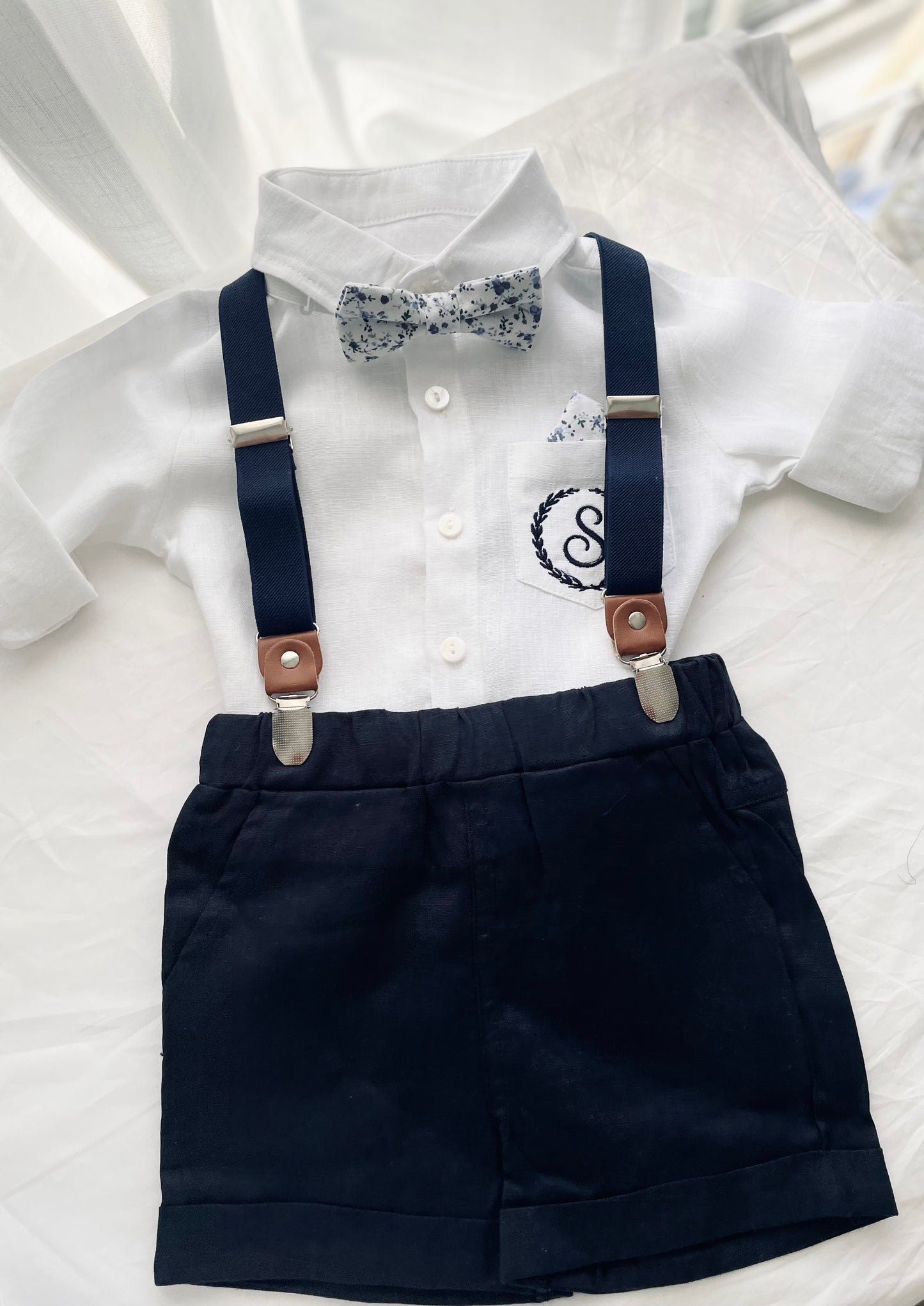 Navy blue linen summer set with shorts, shirt, suspenders and bow tie plus optional jacket, embroidery, shoes and cap