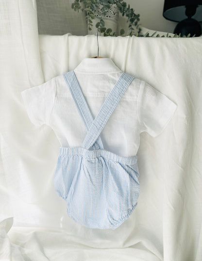 Boys Blue Seersucker teddy bear First Birthday romper