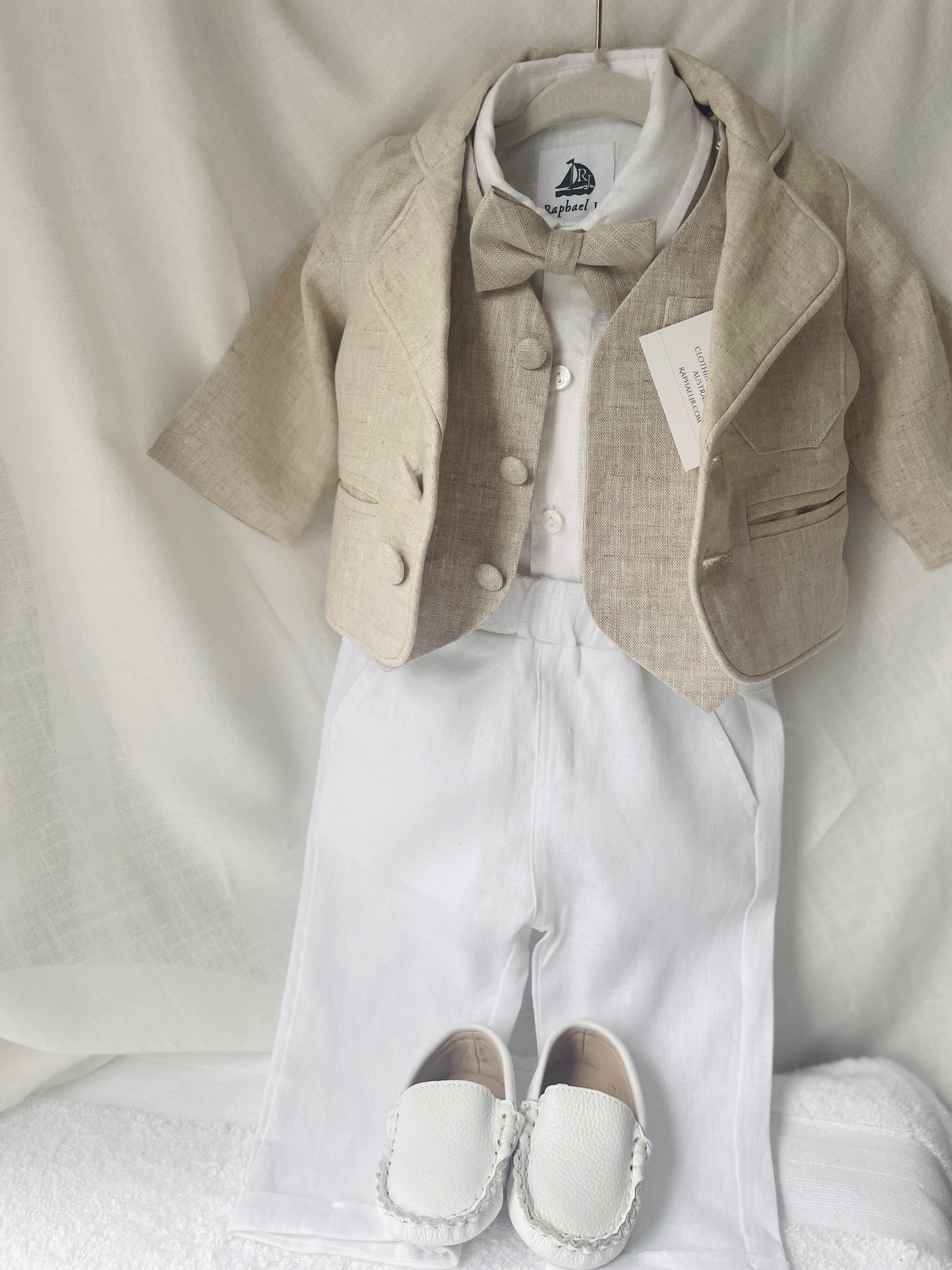 White and Beige Linen set with vest, shirt, pants, suspenders and bowtie plus optional jacket, cap and shoes