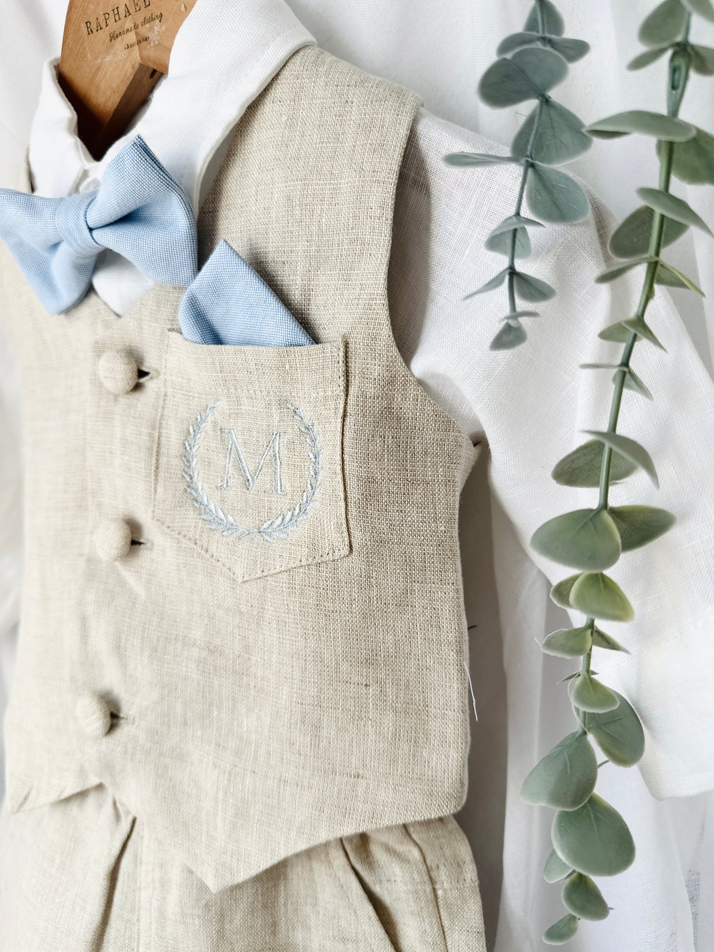 Beige Linen vest suit, shirt, pants, suspenders and bowtie plus optional jacket, cap and shoes