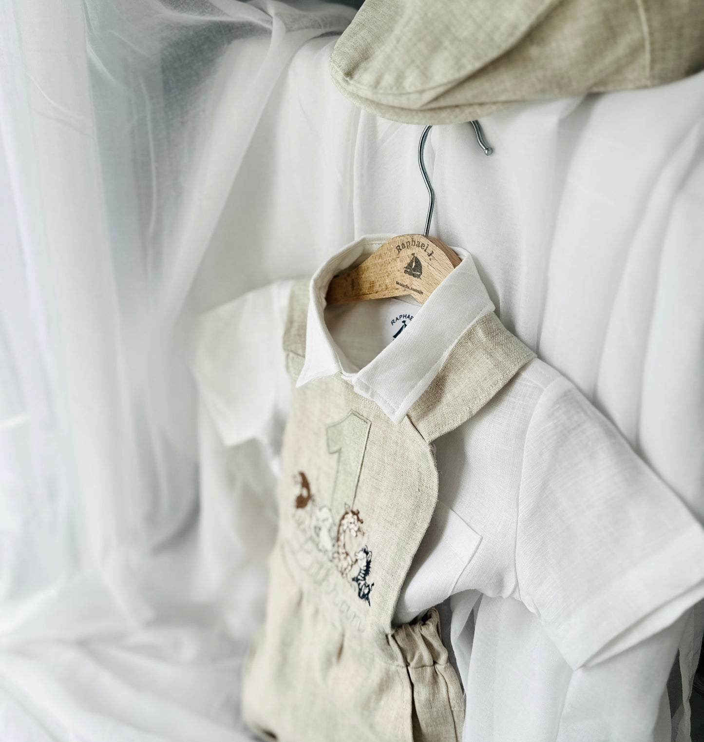 Boys beige pure linen overalls with optional shirt and embroidery
