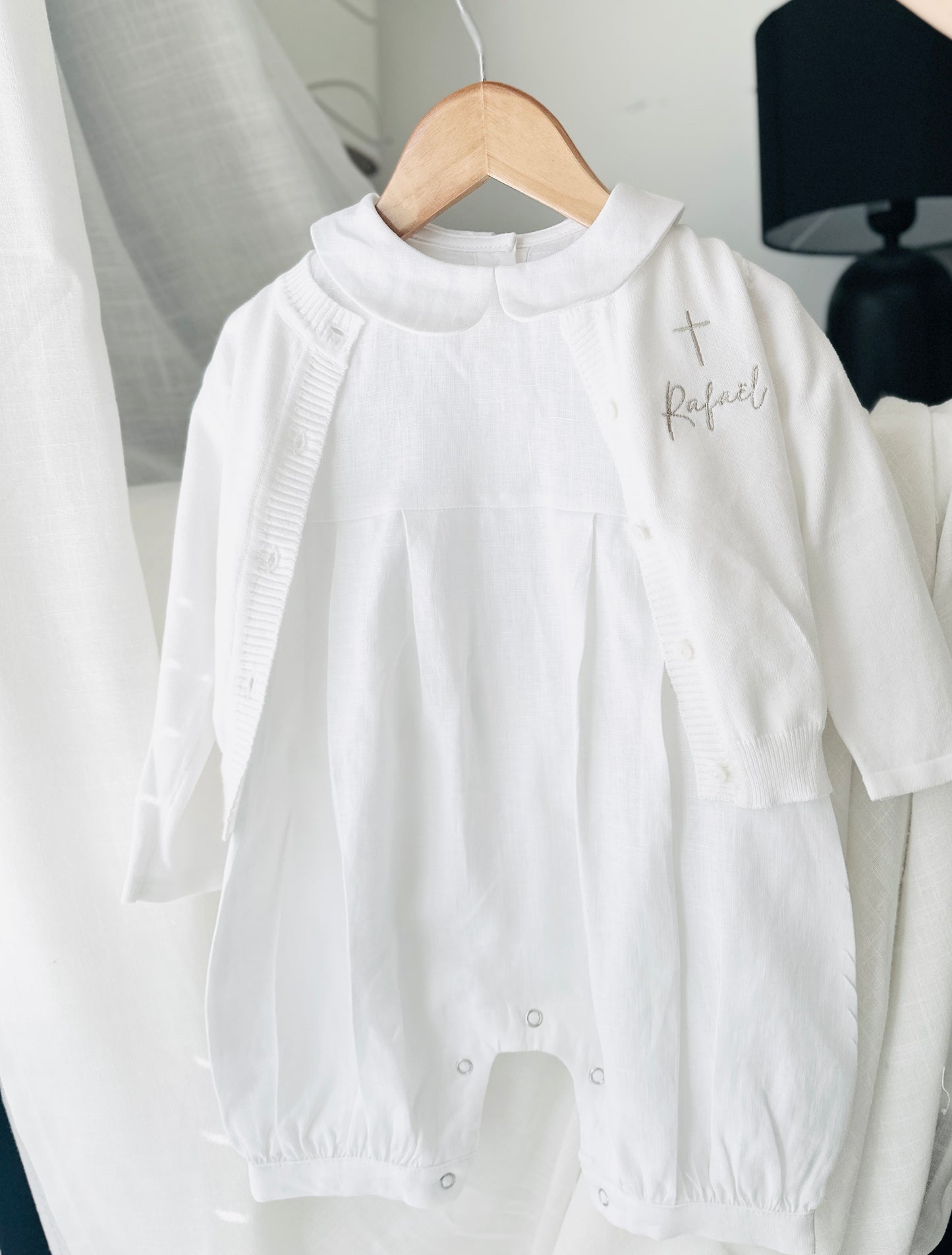 Linen Baptism romper dungaree jumpsuit with optional cardigan and embroidery