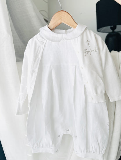 Linen Baptism 3/4 length jumpsuit with optional cardigan and embroidery