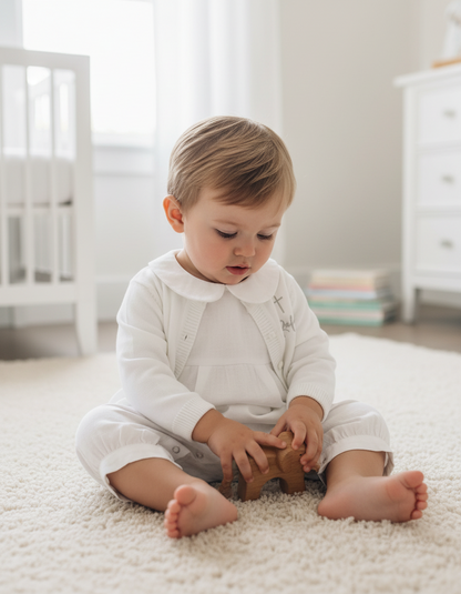 Linen Baptism 3/4 length jumpsuit with optional cardigan and embroidery