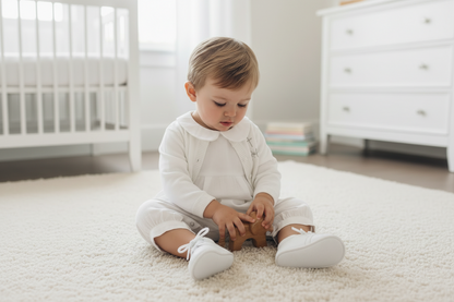 Linen Baptism 3/4 length jumpsuit with optional cardigan and embroidery