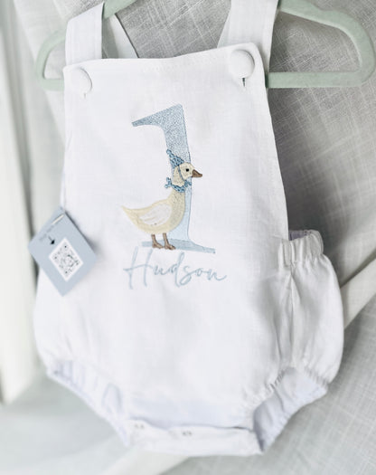 Boys White Linen First Birthday overalls romper one silly goose onederful world oneder the sea teddy car balloons and more