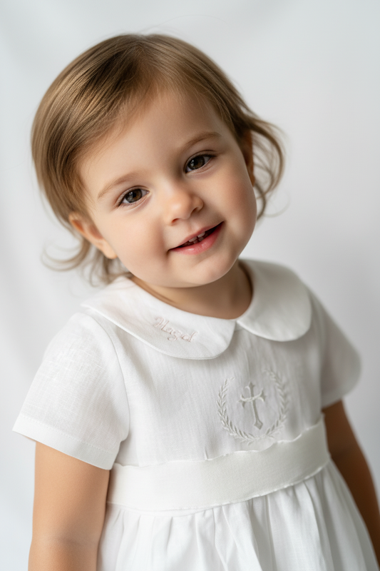 Pure Linen knee length Baptism Dress with embroidery and bloomers and optional ribbon