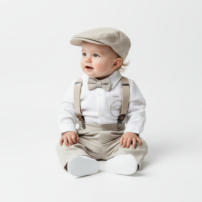 Beige Linen full length suit with pants, shirt, jacket and accessories