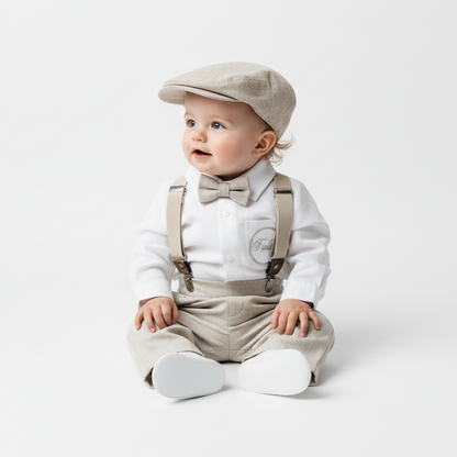 Beige Linen full length suit with pants, shirt, jacket and accessories