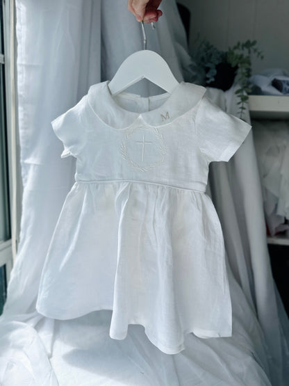 Pure Linen knee length Baptism Dress with embroidery and bloomers and optional ribbon