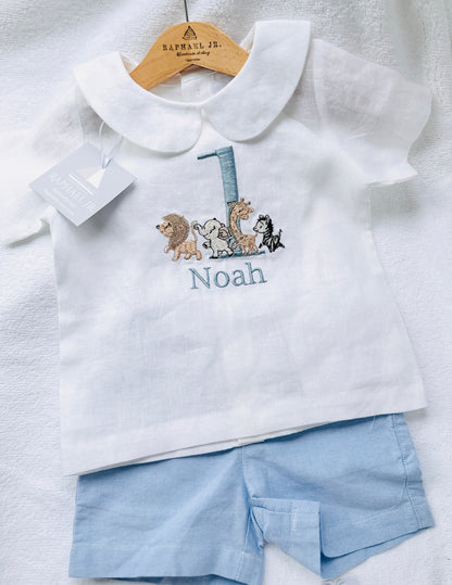 Blue and white linen first Birthday and Baptism blouse with suspender shorts set