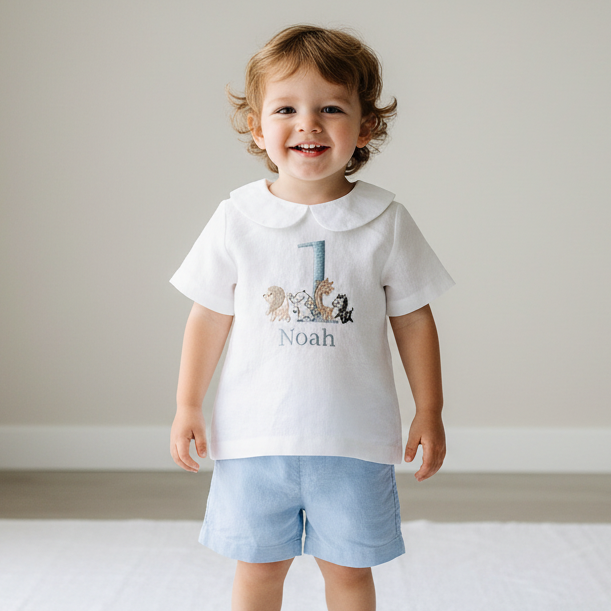 Blue and white linen first Birthday and Baptism blouse with suspender shorts set