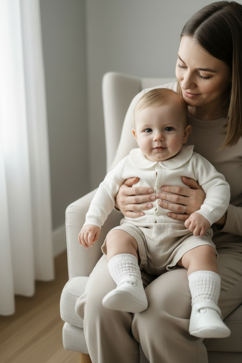 Baptism outfit with cotton onesie and cardigan or jumper and beige linen bloomers and white socks