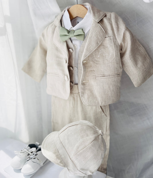 Baby and Toddler Boys white and beige linen set with vest, shirt, pants, suspenders and bowtie plus optional jacket, cap and shoes