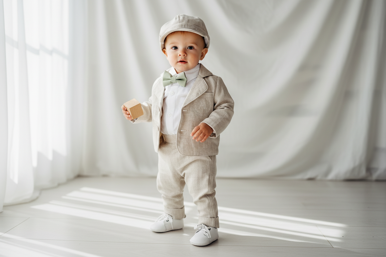 Beige Linen vest suit, shirt, pants, suspenders and bowtie plus optional jacket, cap and shoes