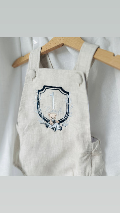 Boys White Linen first birthday romper with custom embroidery designs