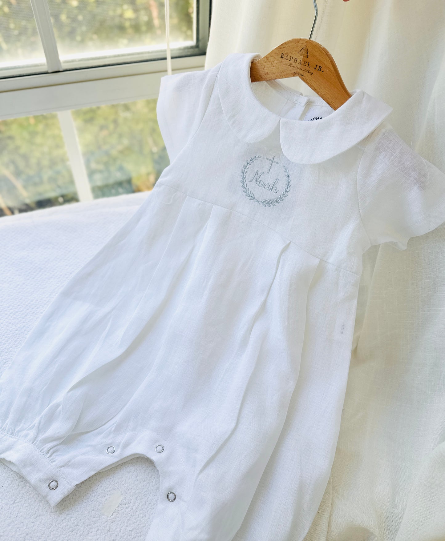 Linen Baptism romper dungaree jumpsuit with optional cardigan and embroidery
