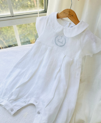 Linen Baptism 3/4 length jumpsuit with optional cardigan and embroidery