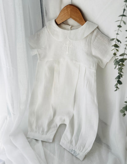 White Linen Unisex Baptism Gown 3/4 length romper with detachable skirt