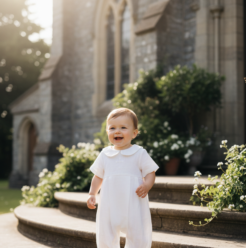 White Linen Unisex Baptism Gown 3/4 length romper with detachable skirt