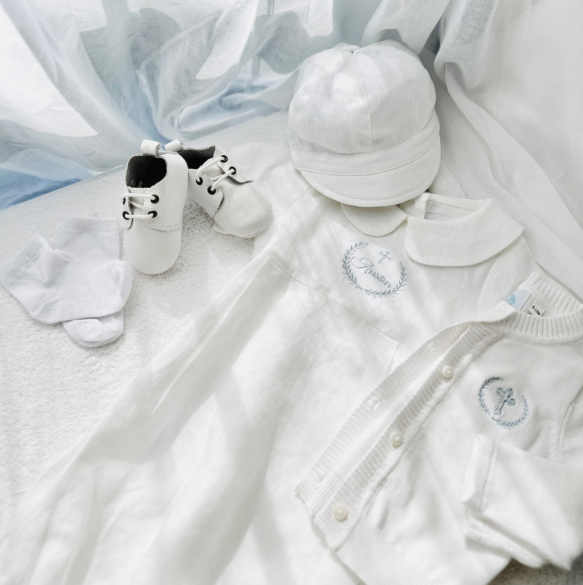 Linen Baptism 3/4 length jumpsuit romper with optional cardigan and embroidery