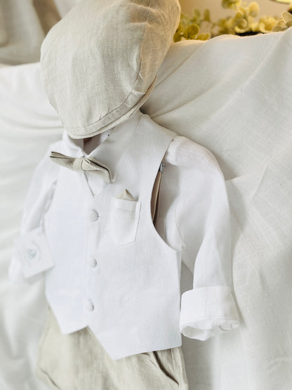 Boys white and beige linen Baptism and Wedding Outfit with vest, shirt, shorts, suspenders and bow tie