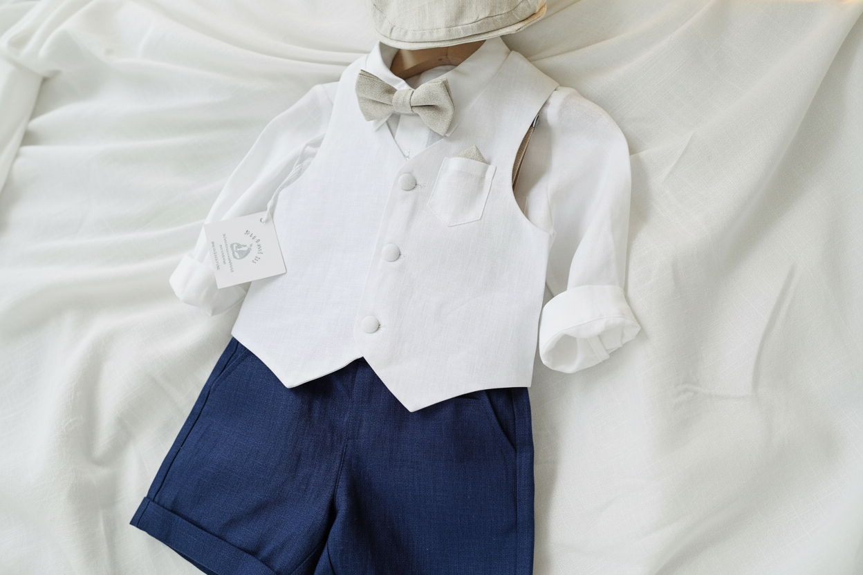 White linen vest and navy shorts summer set