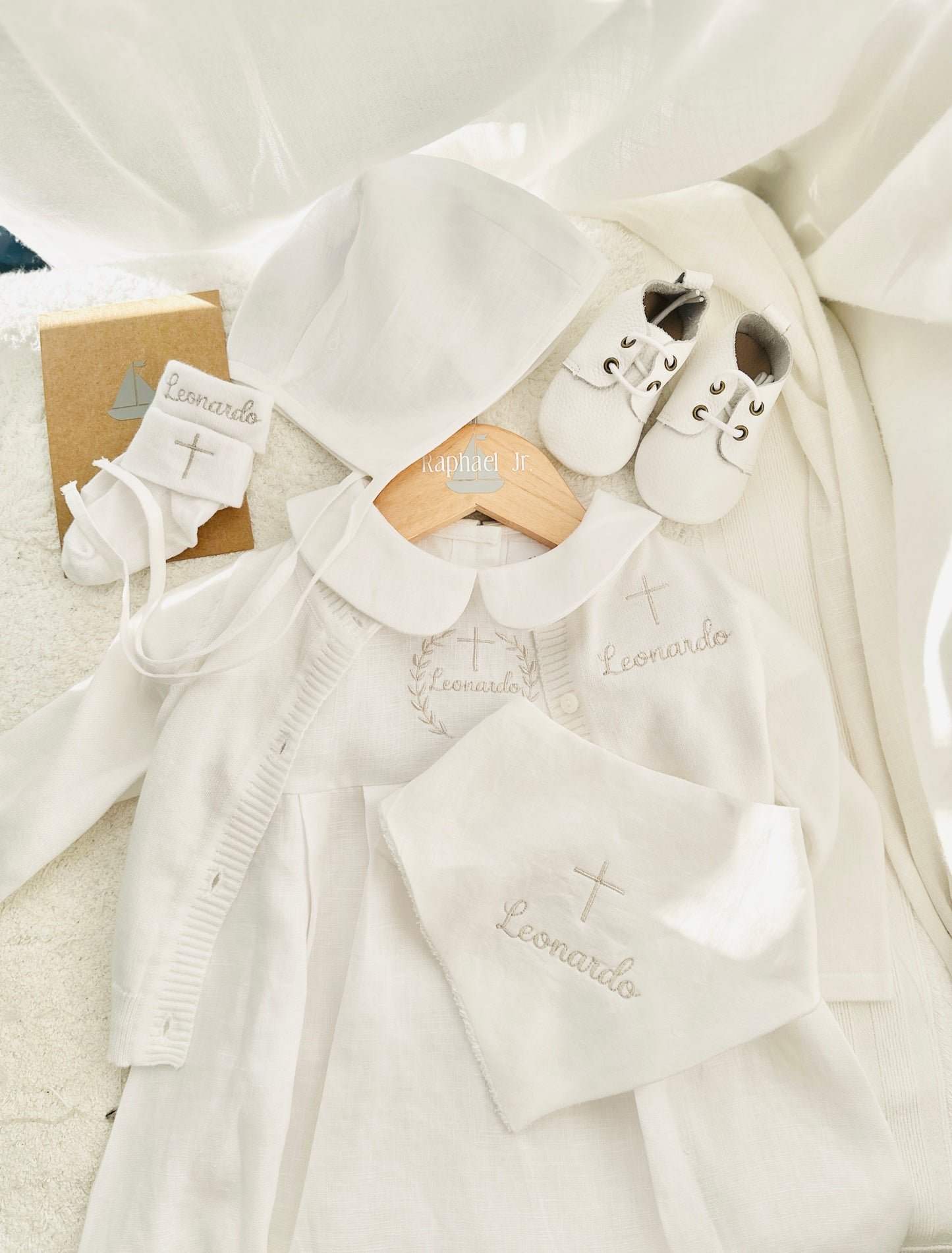 Linen Baptism romper dungaree jumpsuit with optional cardigan and embroidery
