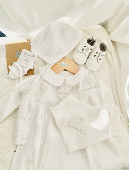 Linen Baptism 3/4 length jumpsuit with optional cardigan and embroidery