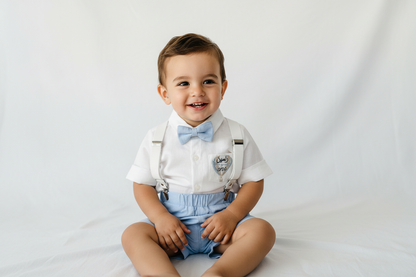 Light Blue summer first birthday set with shorts, shirt, suspenders and bow tie plus optional extras
