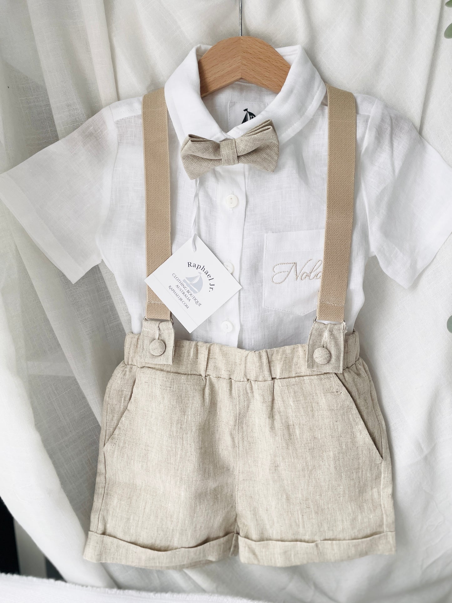 Beige Linen Baptism outfit with suspender shorts, shirt, and bow tie plus optional jacket and embroidery