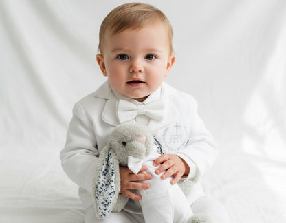 Boys white linen full 5 piece suit with vest, jacket, shirt, pants, suspenders and bow tie plus extras
