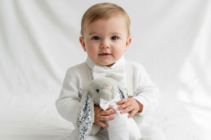 Boys white linen full length Baptism set with vest, shirt, pants, suspenders and bow tie