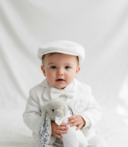 Boys white linen full 5 piece suit with vest, jacket, shirt, pants, suspenders and bow tie plus extras