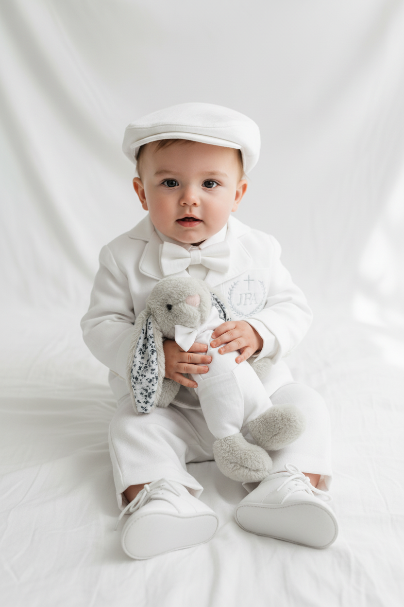 Boys white linen full 5 piece suit with vest, jacket, shirt, pants, suspenders and bow tie plus extras