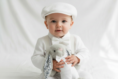 Boys white linen full length Baptism set with vest, shirt, pants, suspenders and bow tie