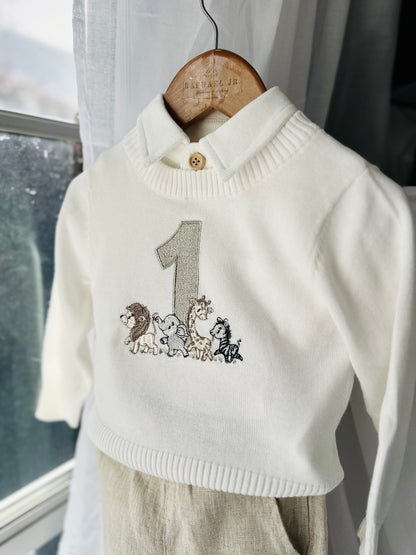Birthday outfit with cotton onesie and embroidered jumper and linen pants
