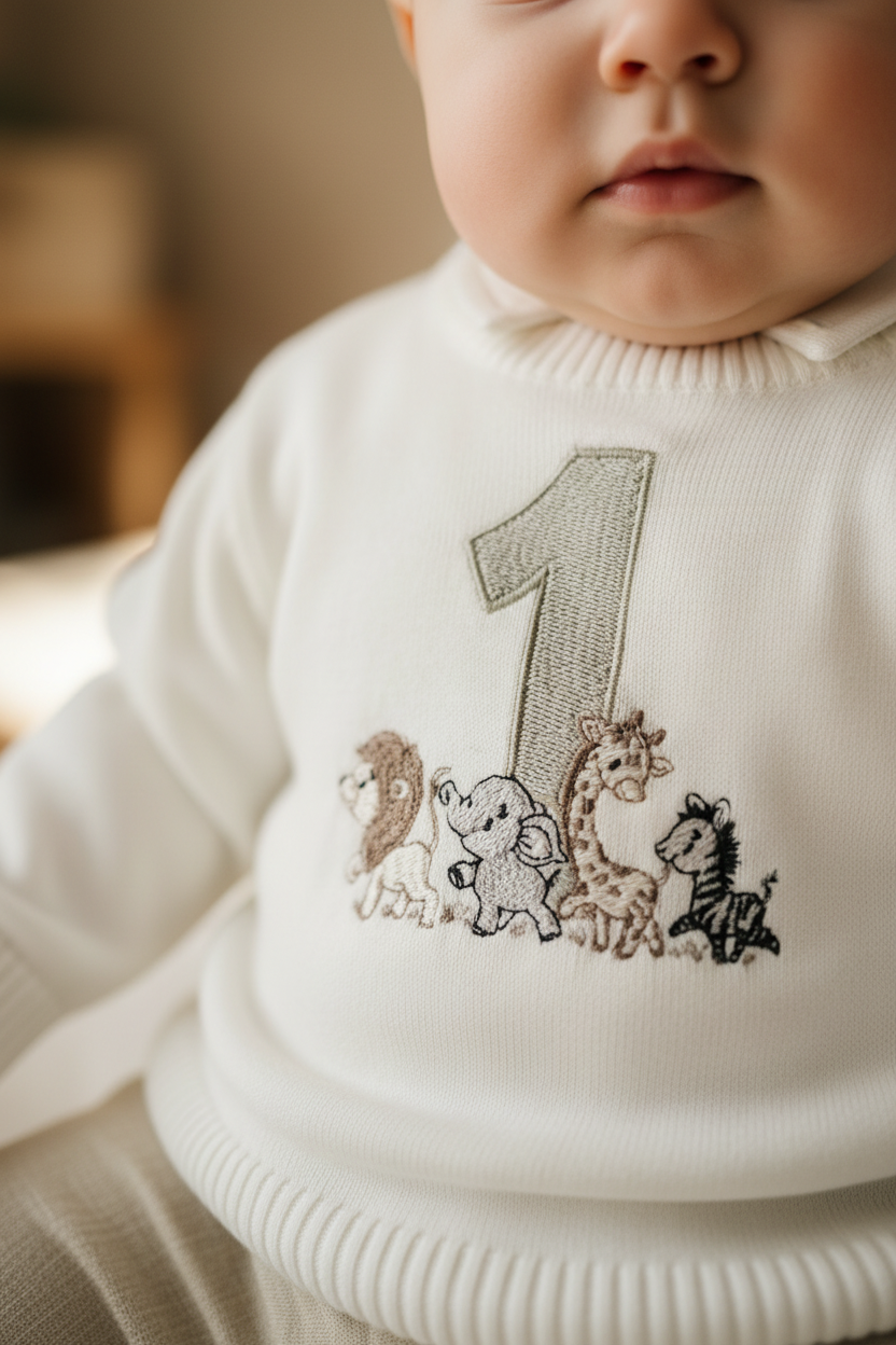 Birthday outfit with cotton onesie and embroidered jumper and linen pants
