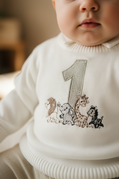 Birthday outfit with cotton onesie and embroidered jumper and linen pants