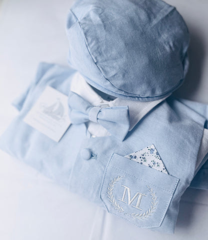 Baby and toddler boys pale blue chambray suit with blue vest, pants and jacket