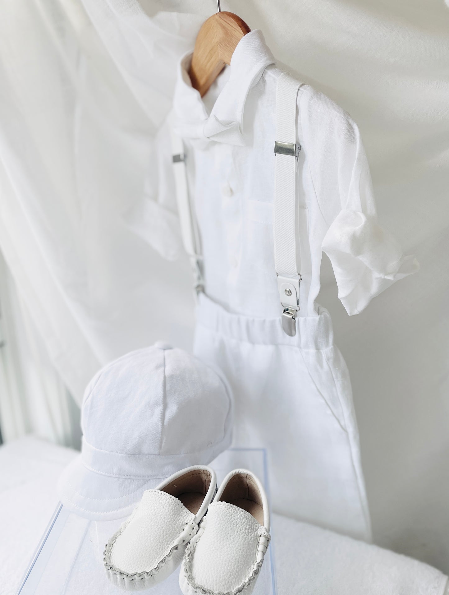 Blue chambray and white linen suit