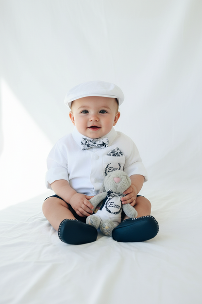 White linen vest and navy shorts summer set