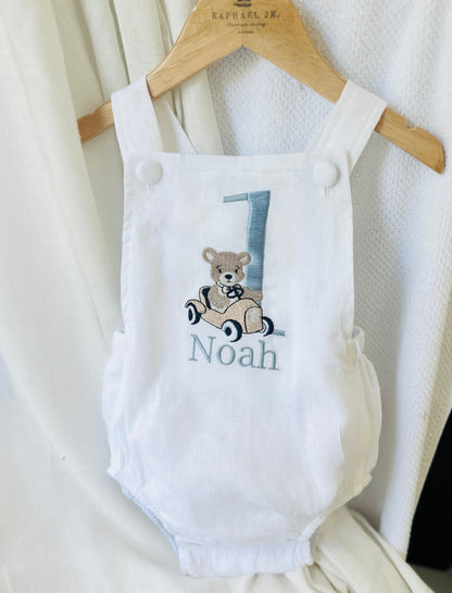Boys White Linen first birthday romper with custom embroidery designs
