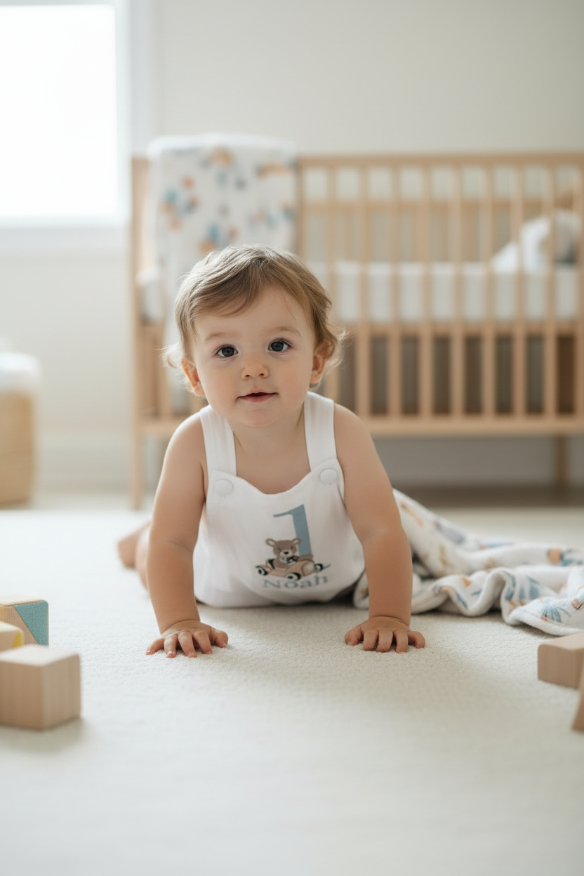 Boys Beige Linen First Birthday romper overalls wild one safari