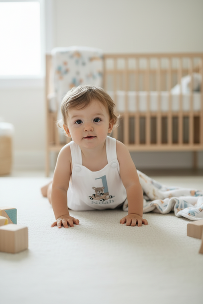 Boys White Linen first birthday romper with custom embroidery designs