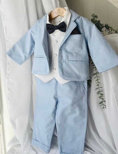 Pale Blue Suit with white linen vest and optional Jacket