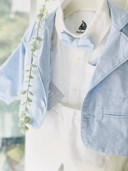 White linen Baptism Suit outfit with optional blue jacket and Accessories