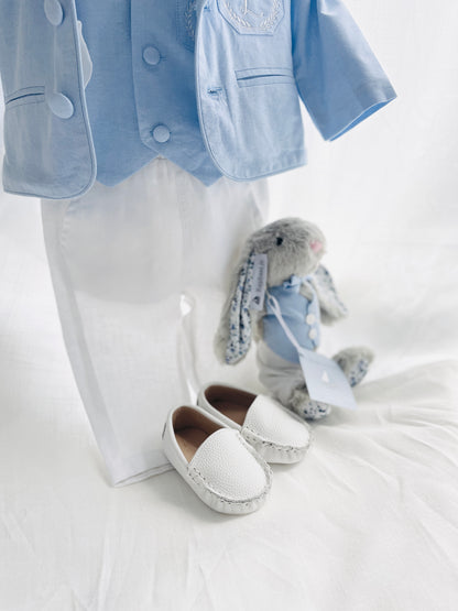 White linen Baptism Suit outfit with optional blue jacket and Accessories