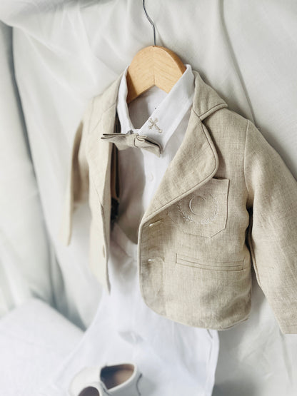 White and Beige Linen Set with optional Jacket Accessories and Embroidery