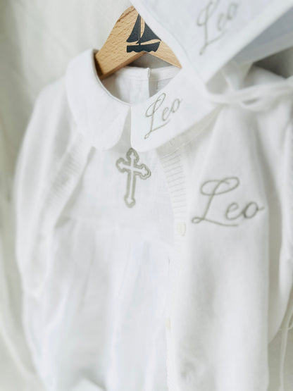White cotton Baptism christening cardigan sweater with optional embroidery